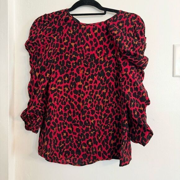 Zara Leopard Print Puffy Sleeve Red & Black Blouse XS - Picture 3 of 7